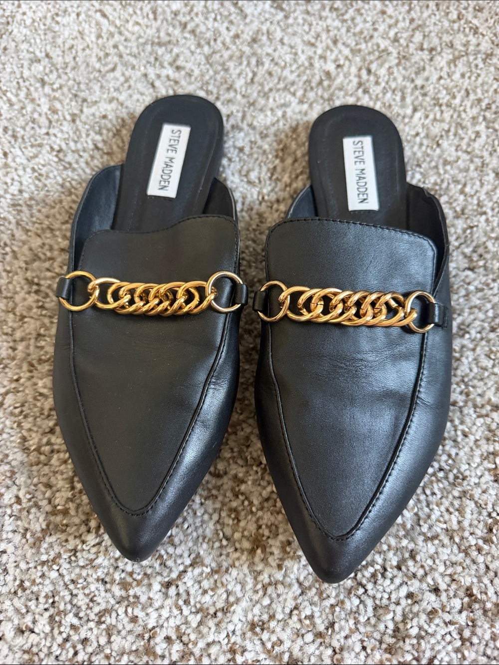 Steve Madden Black Leather Pointed Mules with Gold Chain